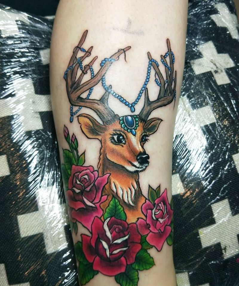 school鹿纹身图片_腿部脚部欧美动物原创遮盖成品手稿纹身图案