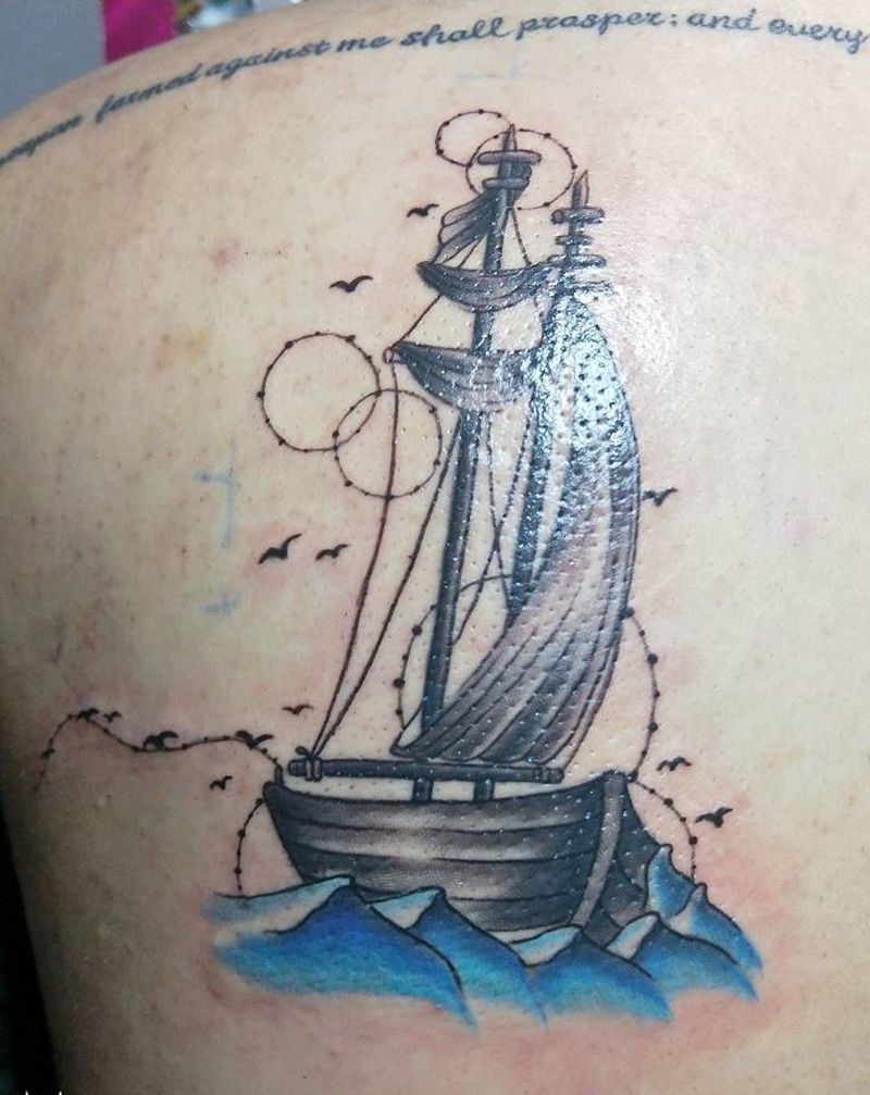 帆船纹身图片_肩部背部清新静物情侣水彩成品插画纹身图案