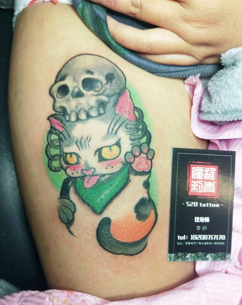 和风猫纹身图片_腿部传统动物成品纹身图案