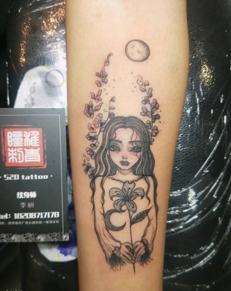 小清新肖像纹身图片_手臂水彩纹身图案