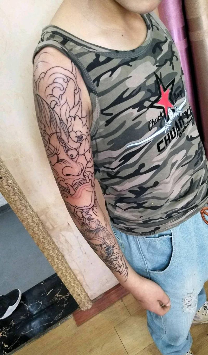 花臂线条纹身图片_手臂传统人物鬼神成品纹身图案