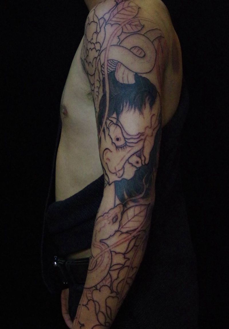 般若花臂初步线纹身图片