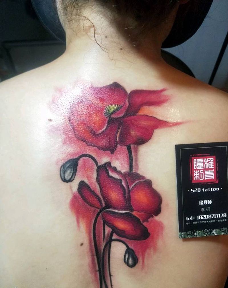泼墨罂粟纹身图片_背部传统清新国画植物泼墨成品纹身图案
