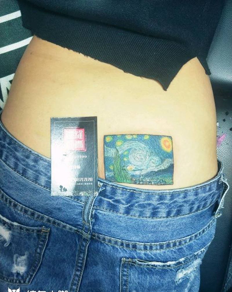 梵高星空仿图【遮盖】纹身图片_腹部欧美静物宗教遮盖成品纹身图案