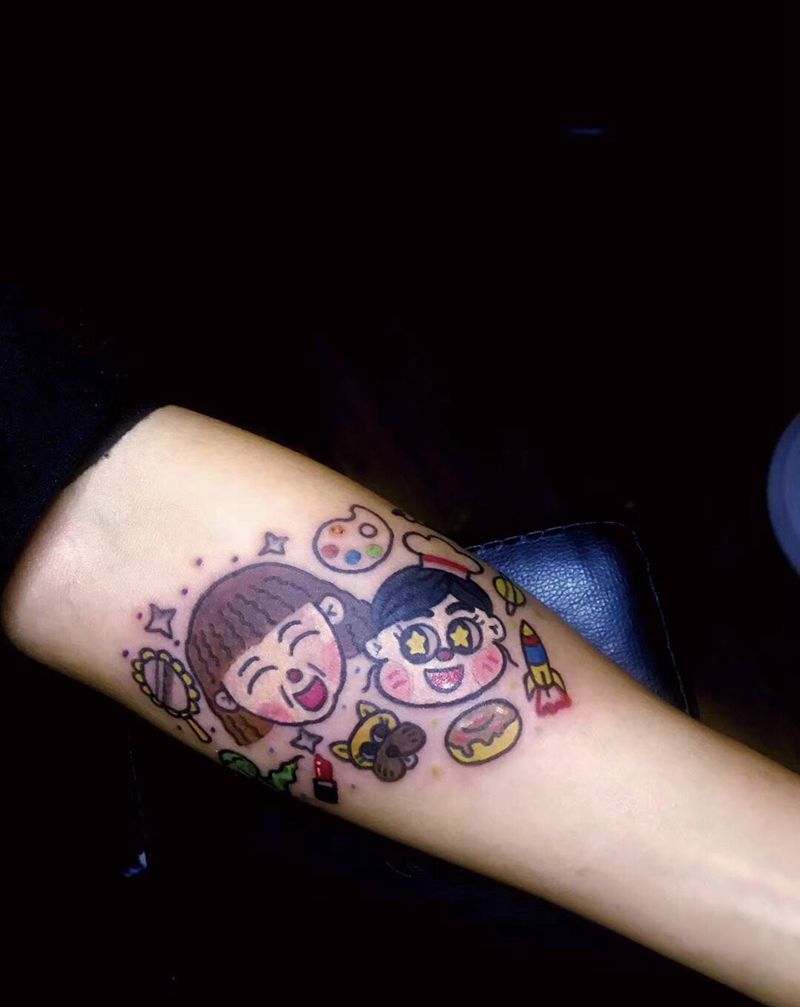 外婆和外孙纹身图片_手臂卡通纹身图案