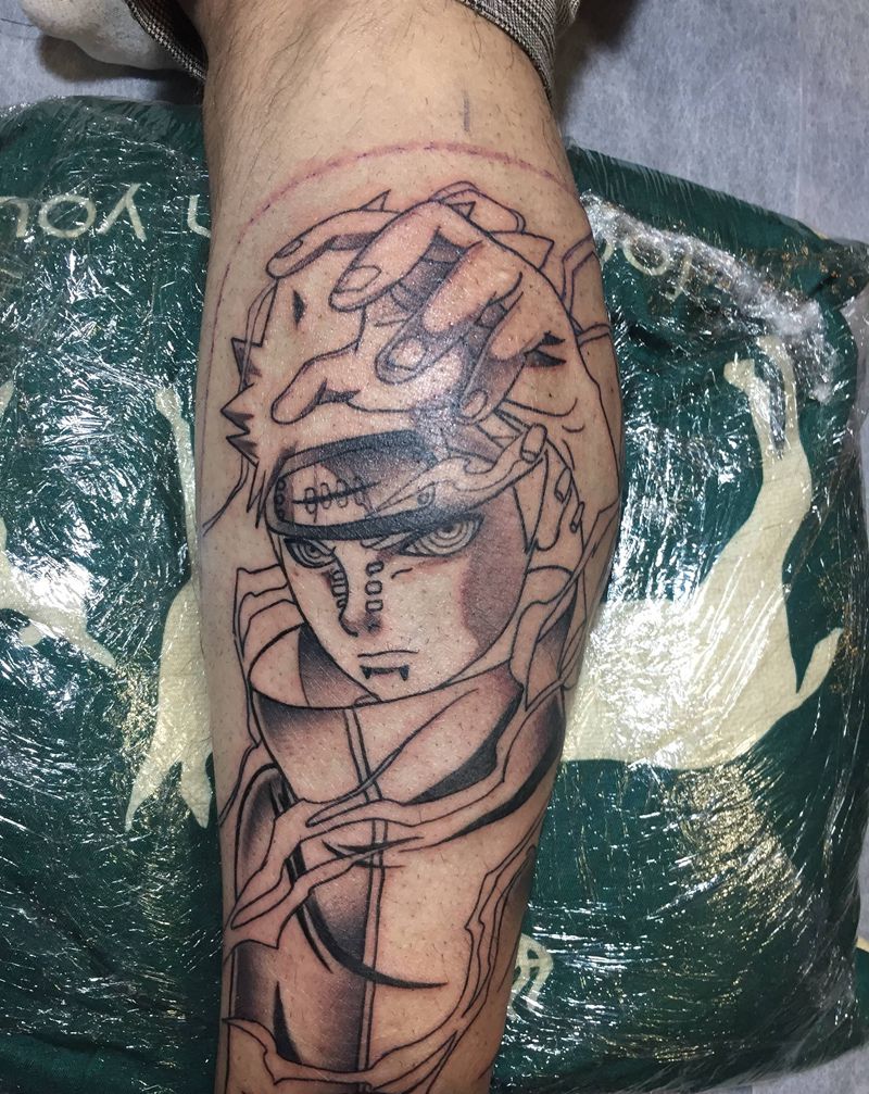 火影佩恩纹身图片_腿部纹身图案