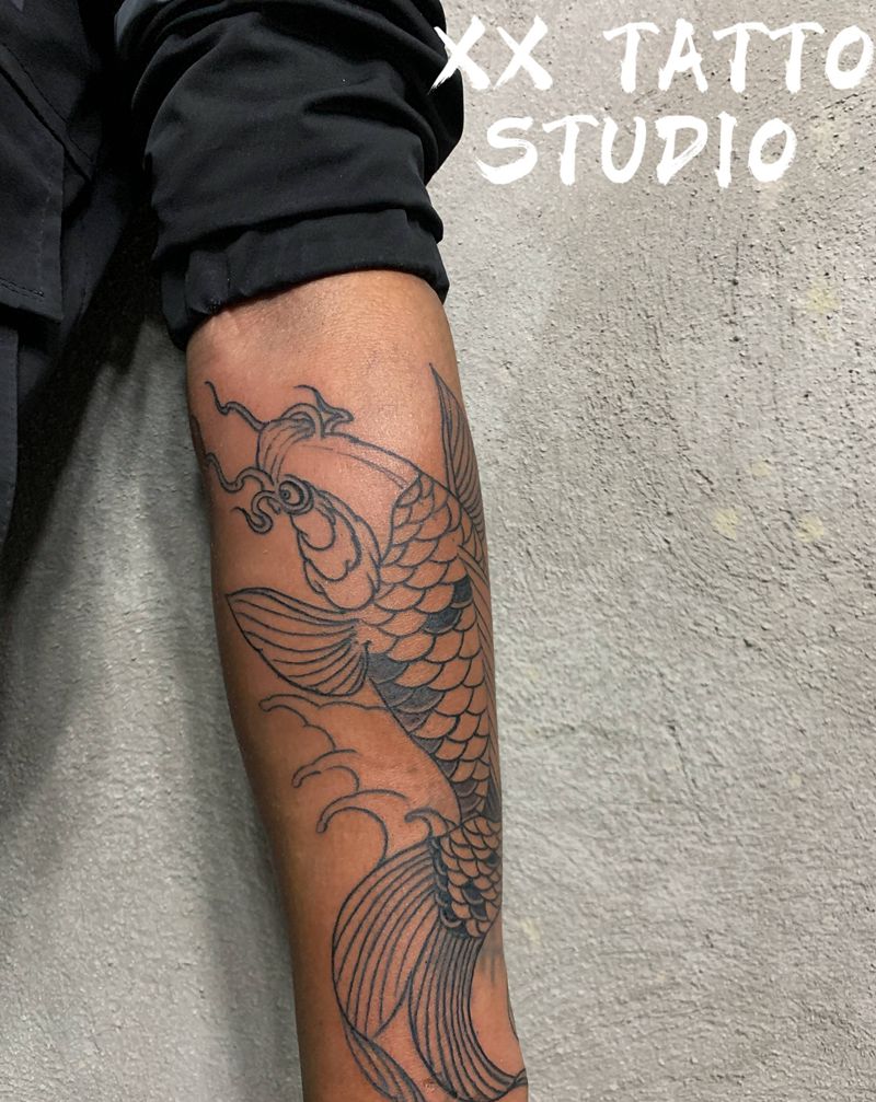 遮盖纹身图片_手臂新传统鱼遮盖单针纹身图案