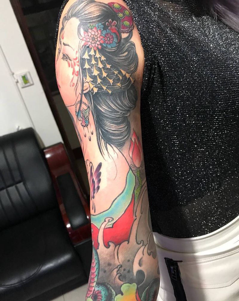 花臂艺妓纹身图片