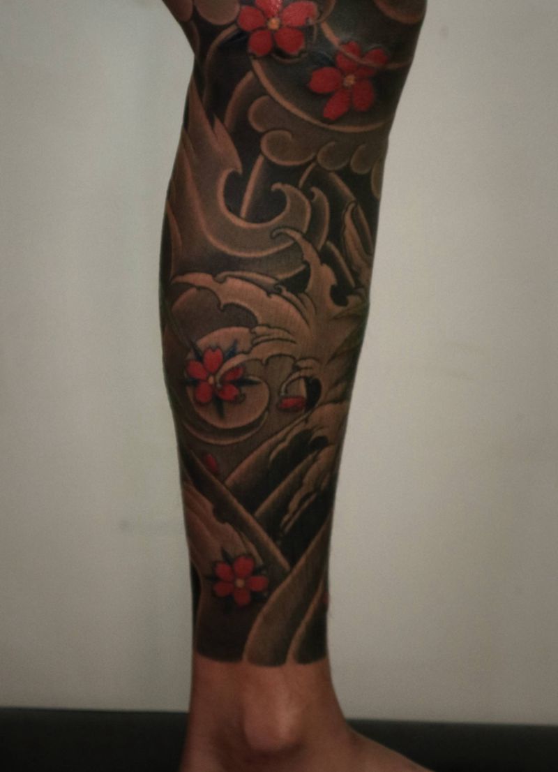 花腿•未完纹身图片_腿部脚部新传统纹身图案