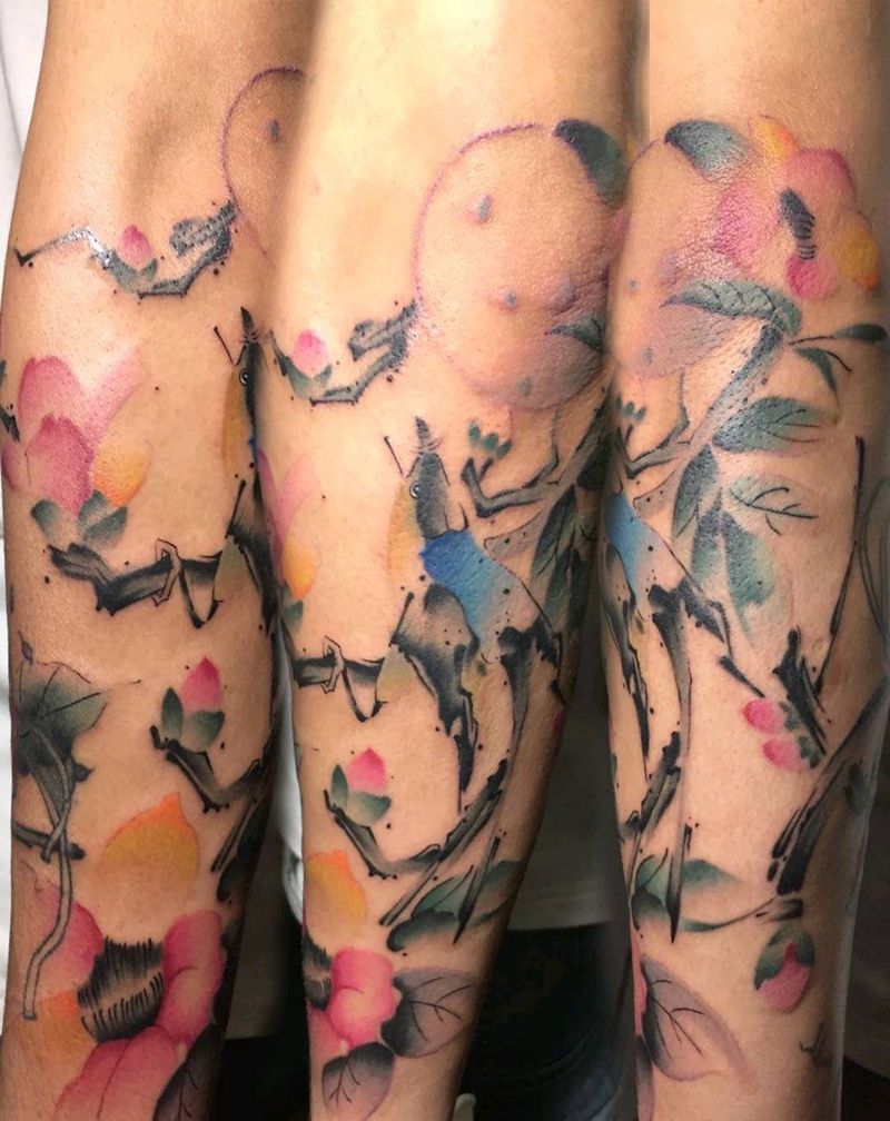 水墨喜鹊木棉纹身图片_手臂水墨纹身图案