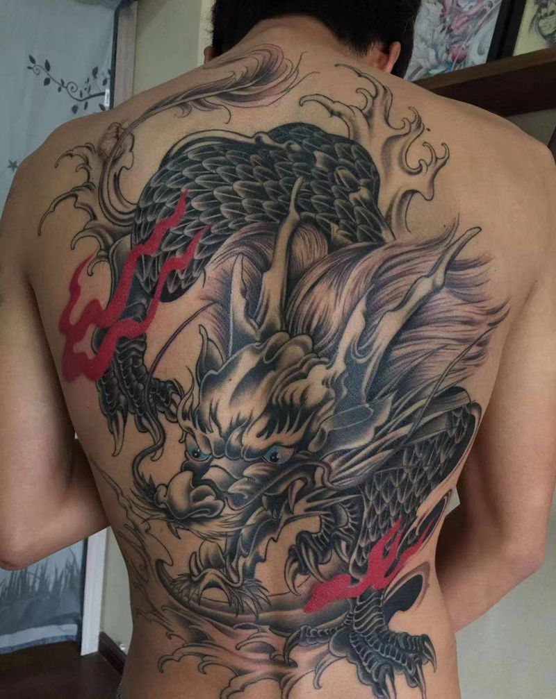 麒麟纹身图片_背部新传统纹身图案