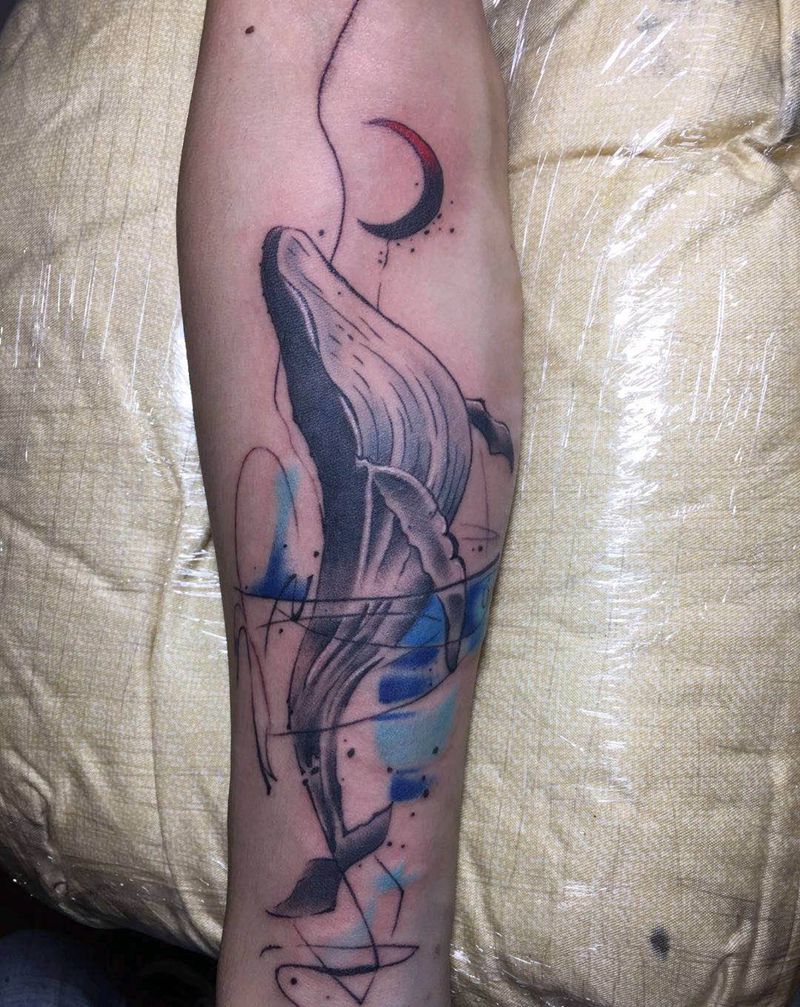 鲸鱼纹身图片_手臂水彩水墨纹身图案