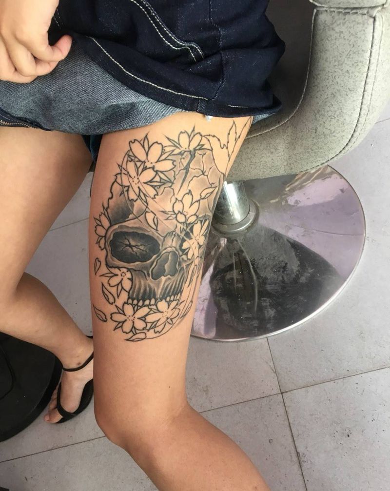 原创樱花骷髅纹身图片