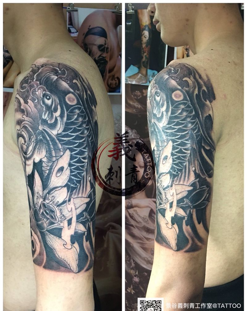 黑灰鲤鱼纹身图片