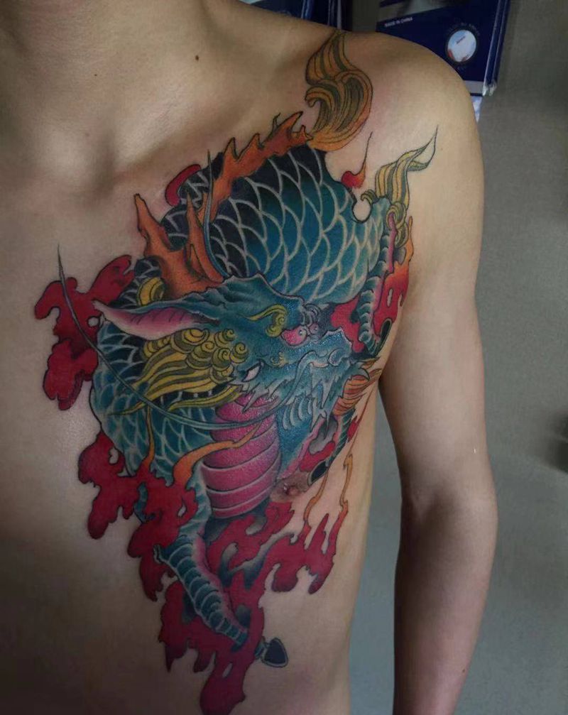 麒麟纹身图片_胸部新传统纹身图案