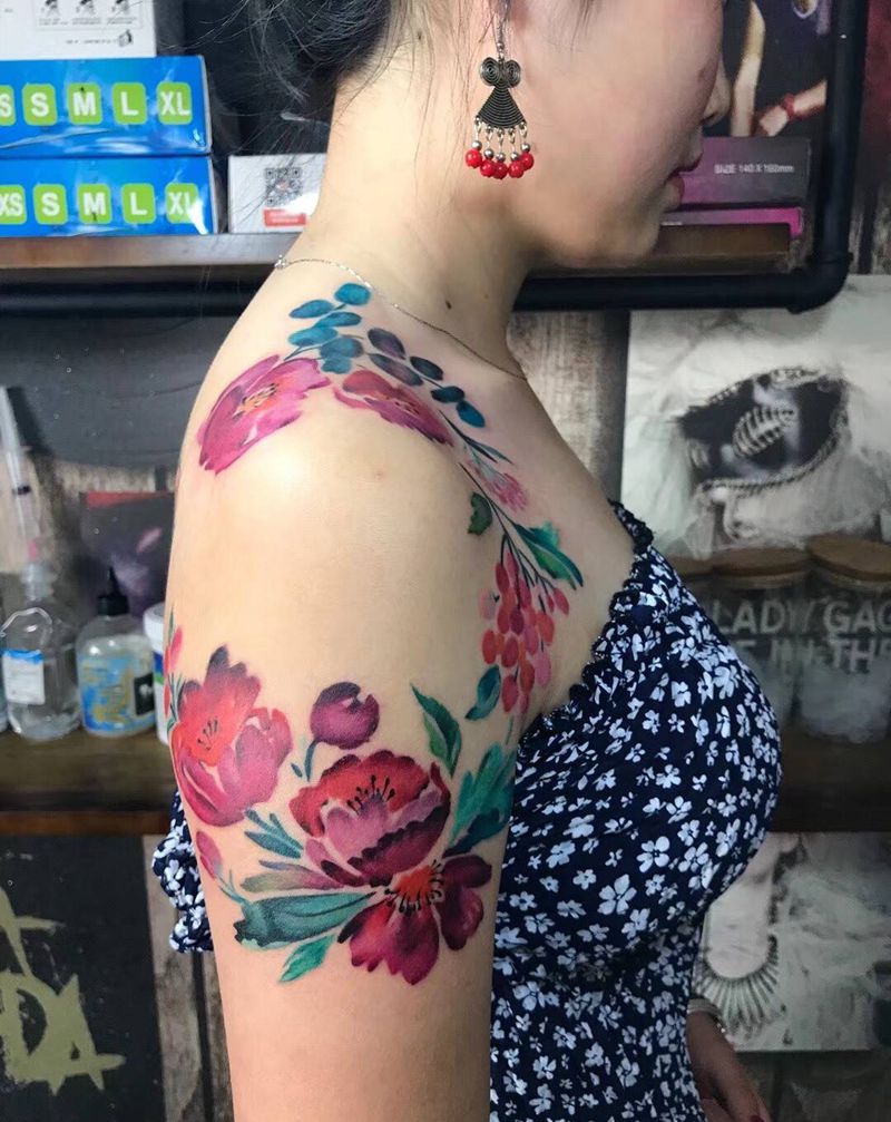 水彩，西西作品，纹身图片_成品植物肩部纹身图案