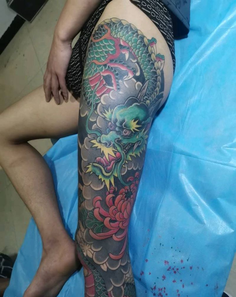 龙三腿未完纹身图片_老传统新传统纹身图案