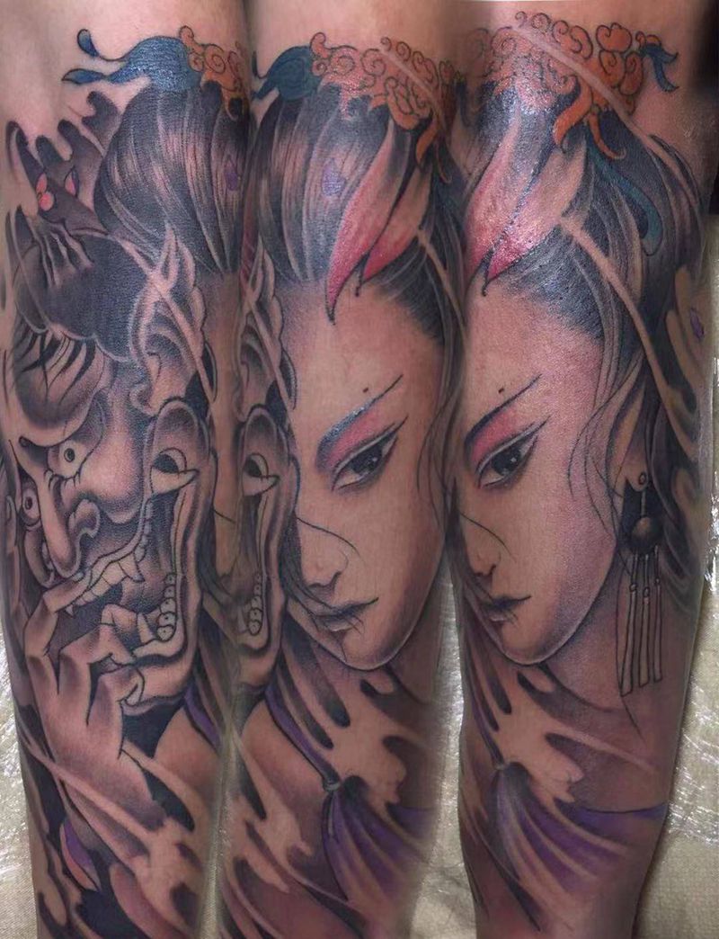 面具艺伎纹身图片_手臂新传统纹身图案