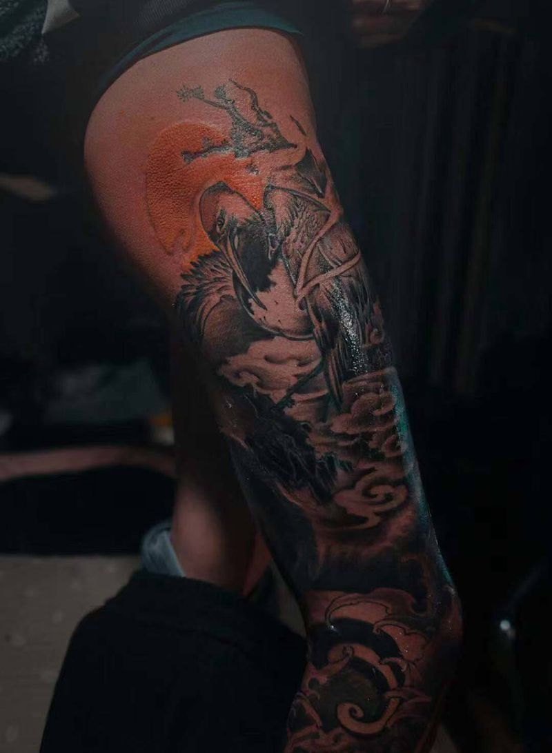 花腿仙鹤纹身图片_新传统纹身图案