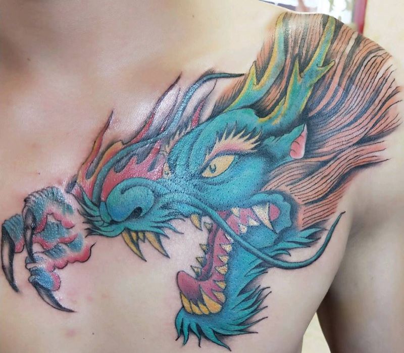 龙头纹身图片_肩部胸部新传统纹身图案