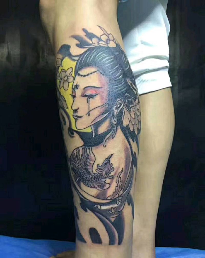 小腿艺姬纹身图片