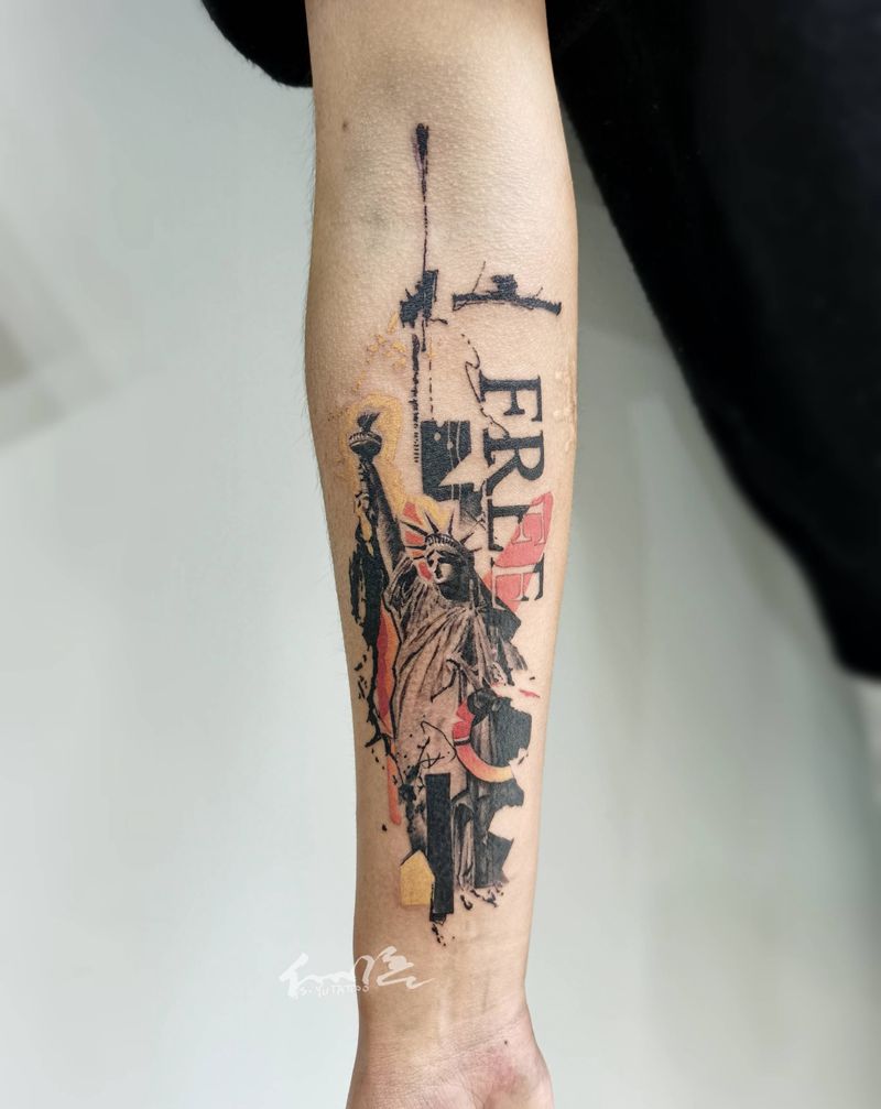 自由纹身图片_手臂欧美写实水彩纹身图案