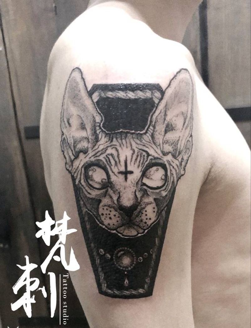 暗黑斯芬克斯纹身图片_手臂点刺纹身图案