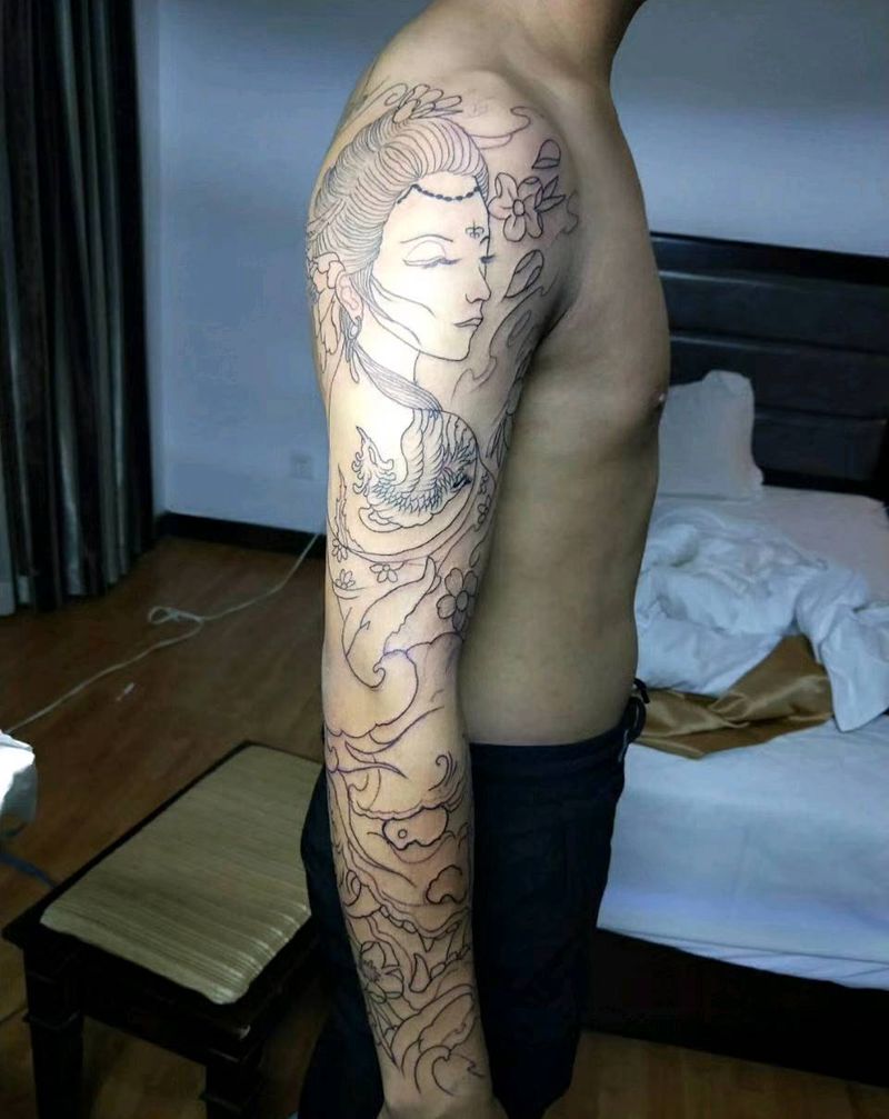 花臂线条纹身图片