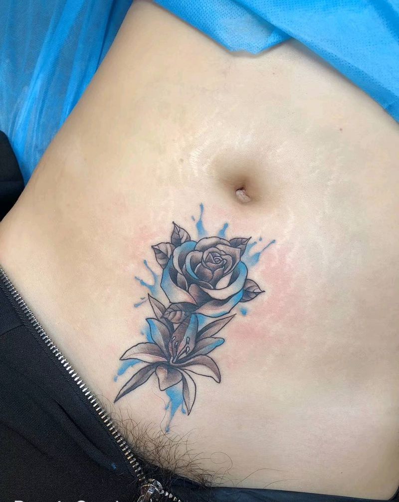 遮盖纹身图片_腹部水彩纹身图案