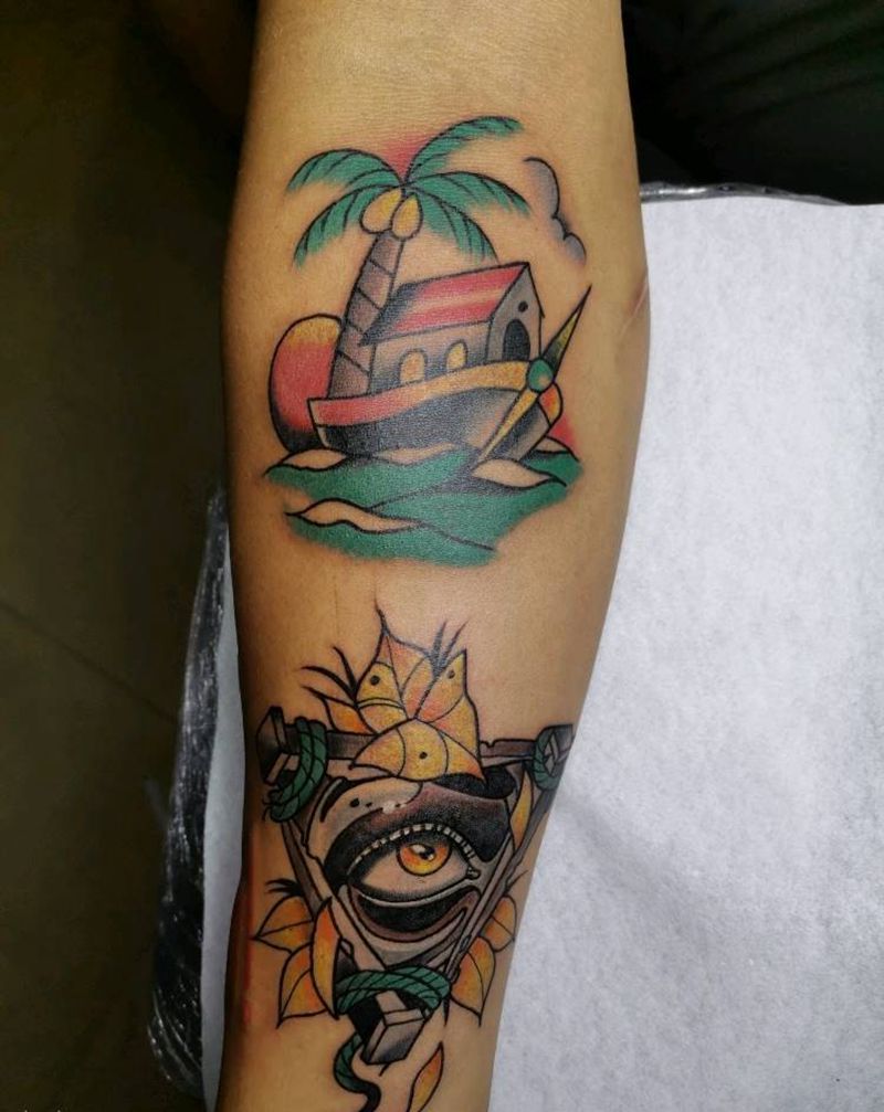 花臂拼未完纹身图片_手臂New School纹身图案