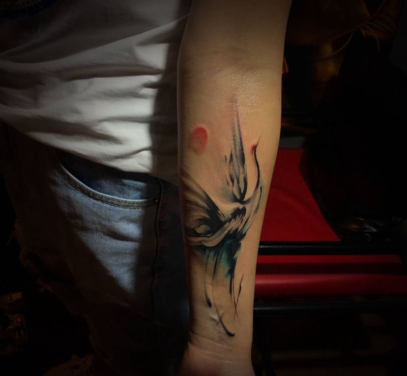 水墨仙鹤纹身图片_水彩纹身图案