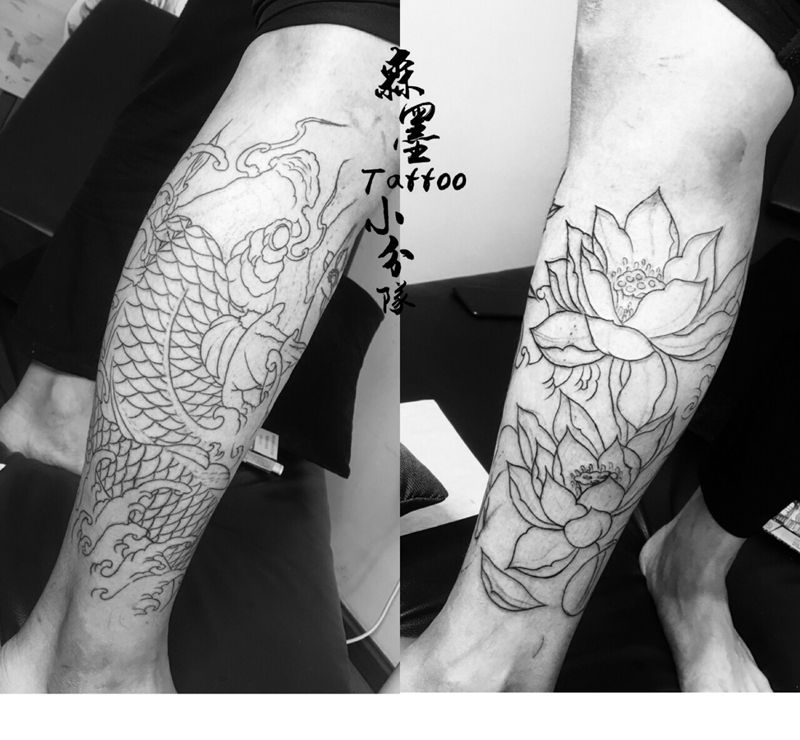 鲤鱼线条纹身图片_腿部纹身图案