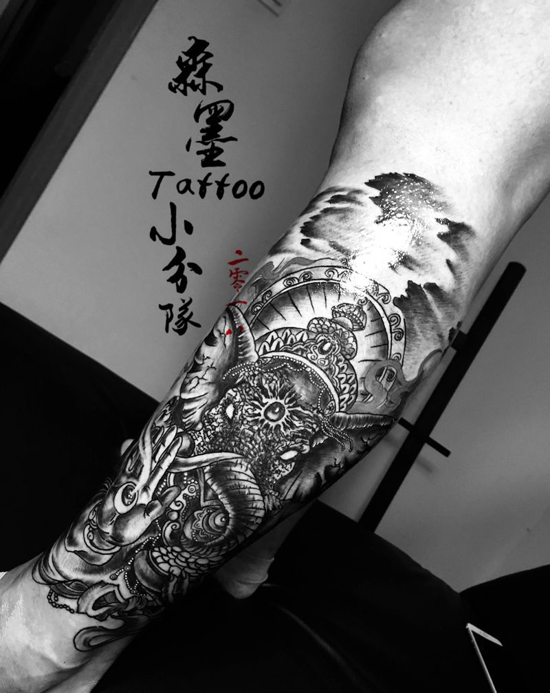 象神纹身图片_腿部纹身图案