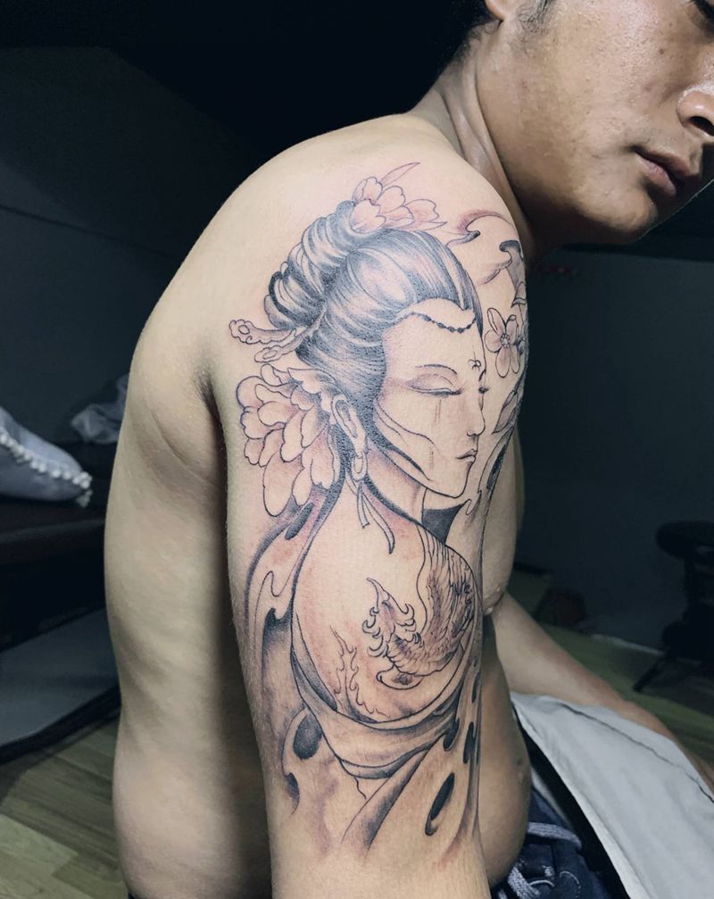 艺伎纹身图片_手臂老传统纹身图案