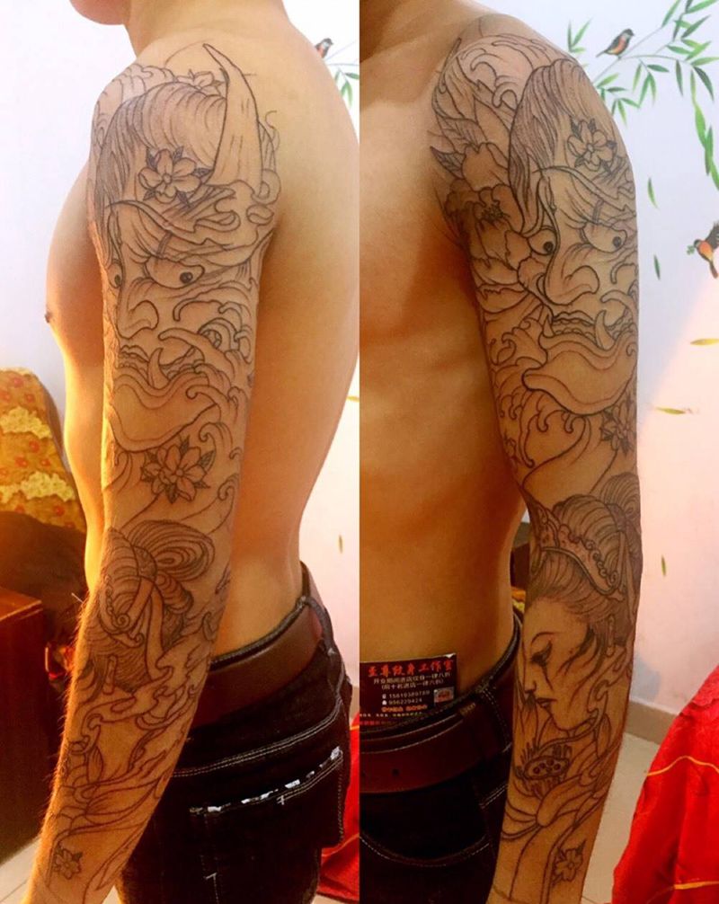 花臂线条纹身图片