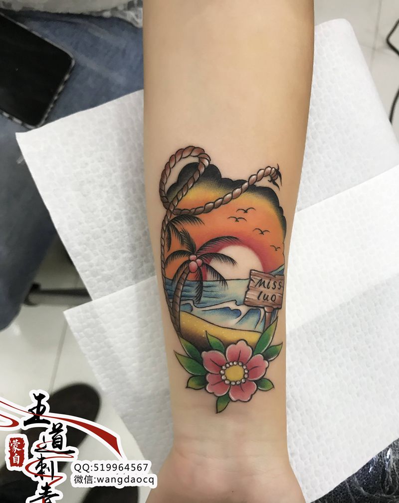 椰子树纹身图片_手臂手部New SchoolOld School椰子树花臂小清新纹身图案