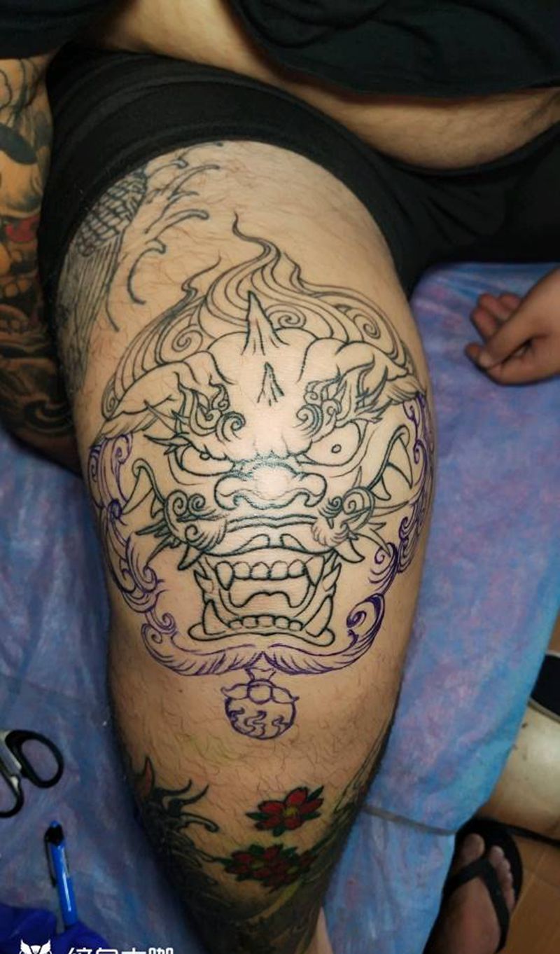 唐狮纹身图片_腿部新传统纹身图案