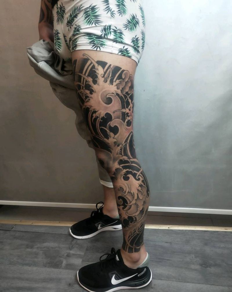 浪腿纹身图片_腿部新传统纹身图案