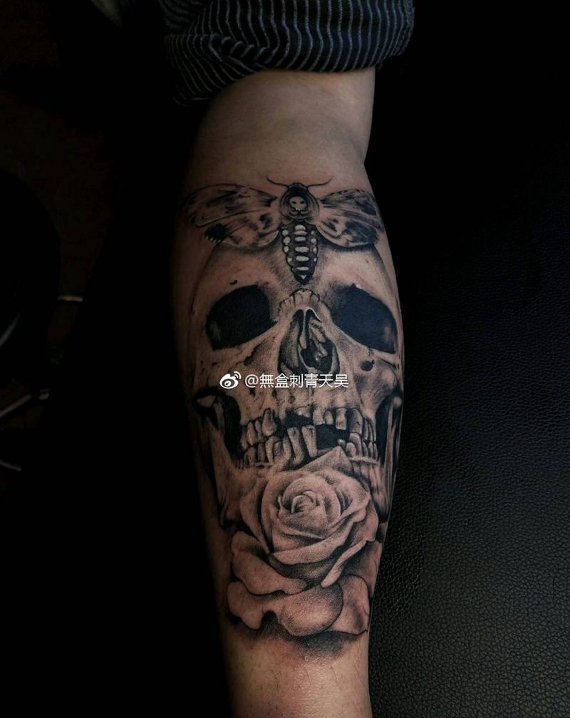 骷髅玫瑰纹身图片_脚部欧美写实动物人物植物原创成品纹身图案