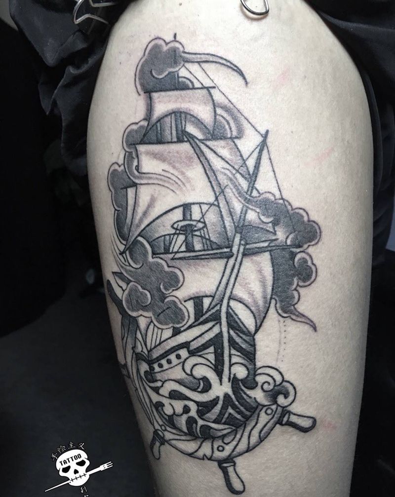 船纹身图片_腿部新传统纹身图案