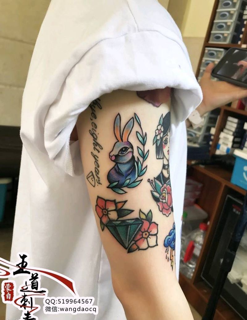 小清新纹身图片_手臂手部New School水彩小清新兔子钻石花臂纹身图案