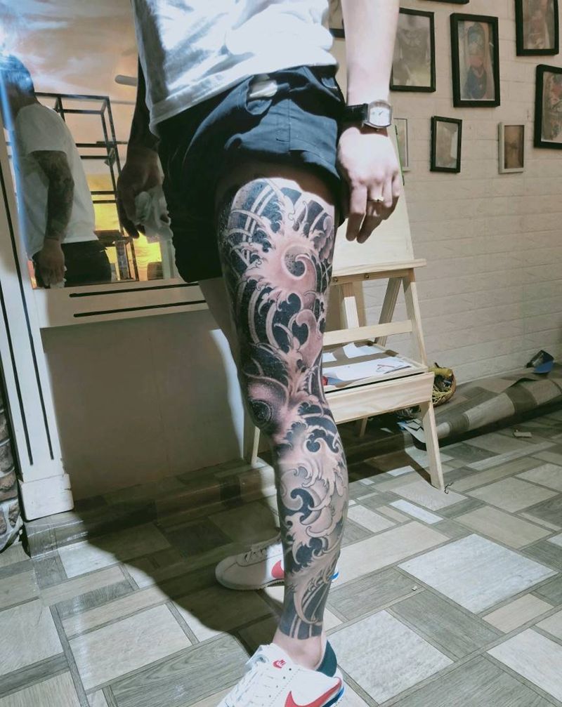 浪腿进度纹身图片_新传统纹身图案