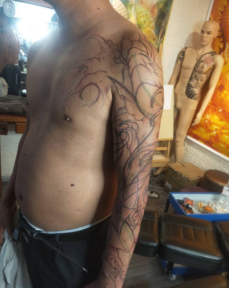 双喜临门纹身图片_手臂新传统纹身图案