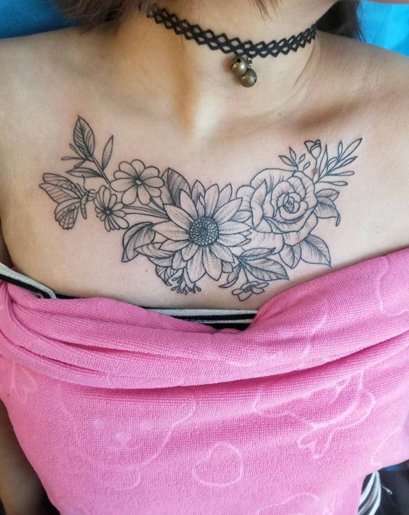 胸花纹身图片_胸部点刺纹身图案