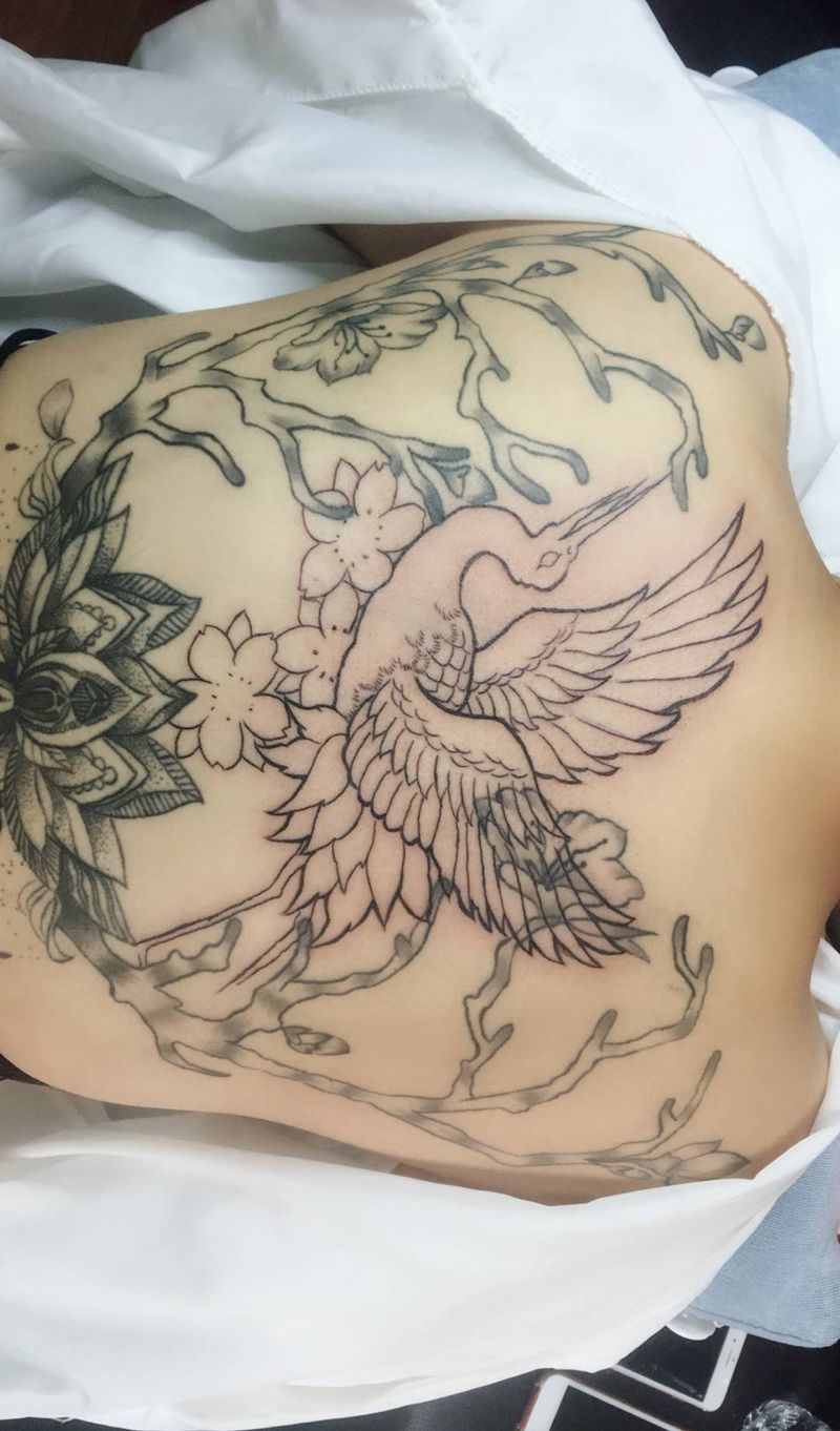 仙鹤线条纹身图片