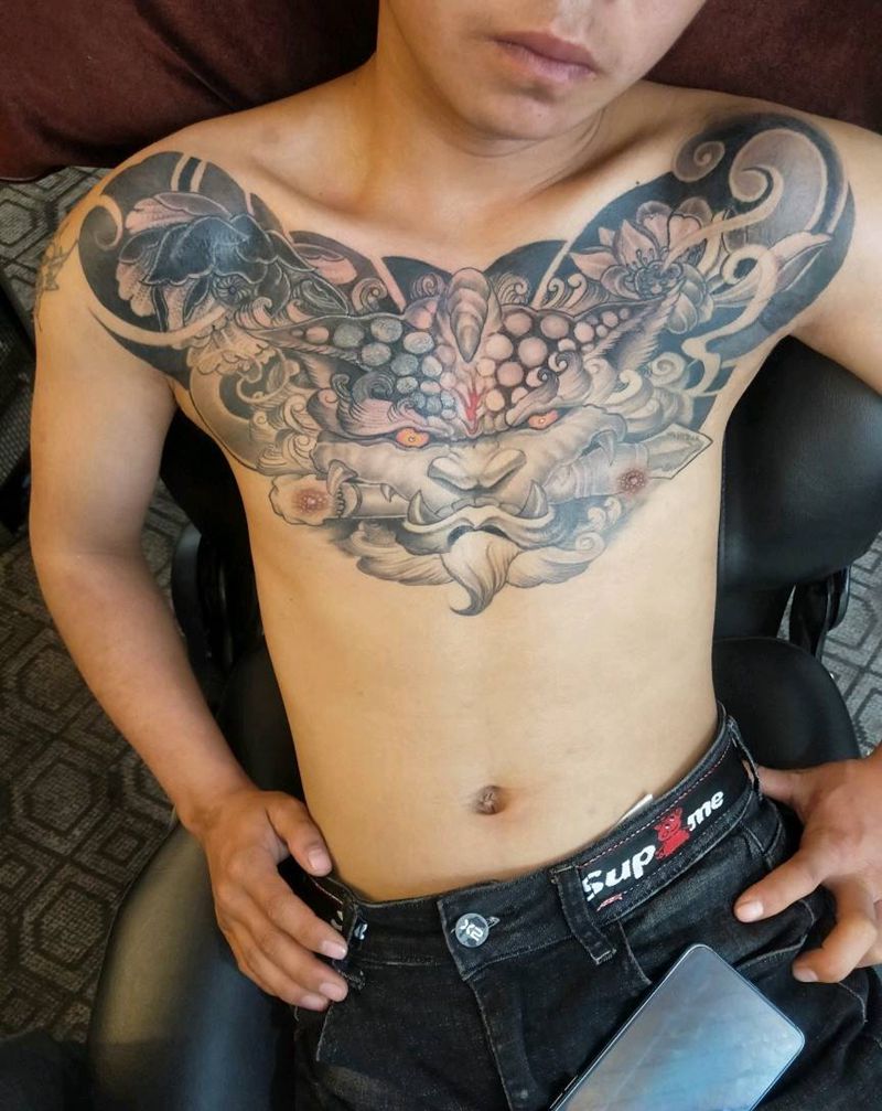 唐狮纹身图片_胸部新传统老传统纹身图案