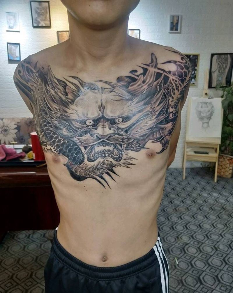 龙头纹身图片_胸部新传统纹身图案