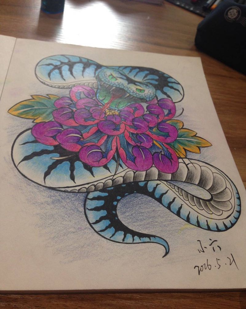 花与蛇（原创手稿）纹身图片
