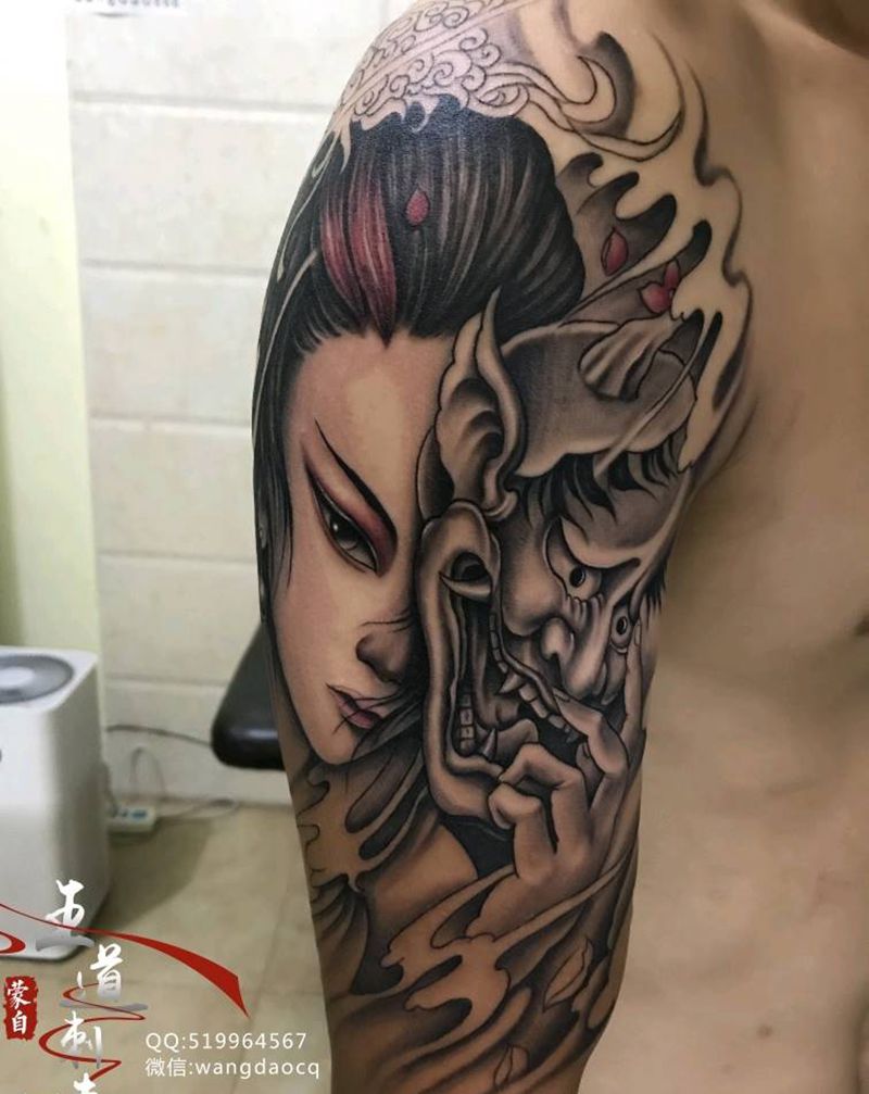 艺妓纹身图片_手部手臂欧美写实新传统艺妓般若花臂纹身图案