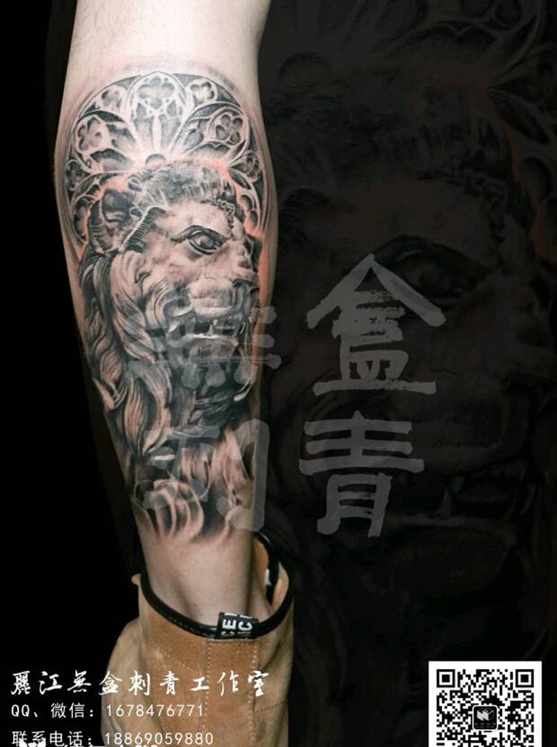 狮子纹身图片_腿部脚部欧美写实字符动物图腾宗教成品纹身图案